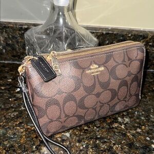 Coach Brown big double zip Wristlet